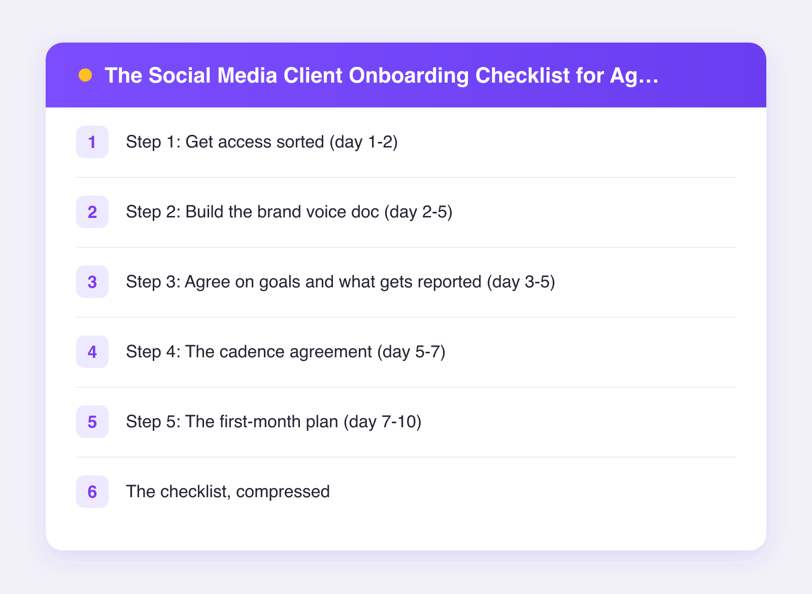 What this guide covers: step 1: get access sorted (day 1-2), step 2: build the brand voice doc (day 2-5), step 3: agree on goals and what gets reported (day 3-5) and more