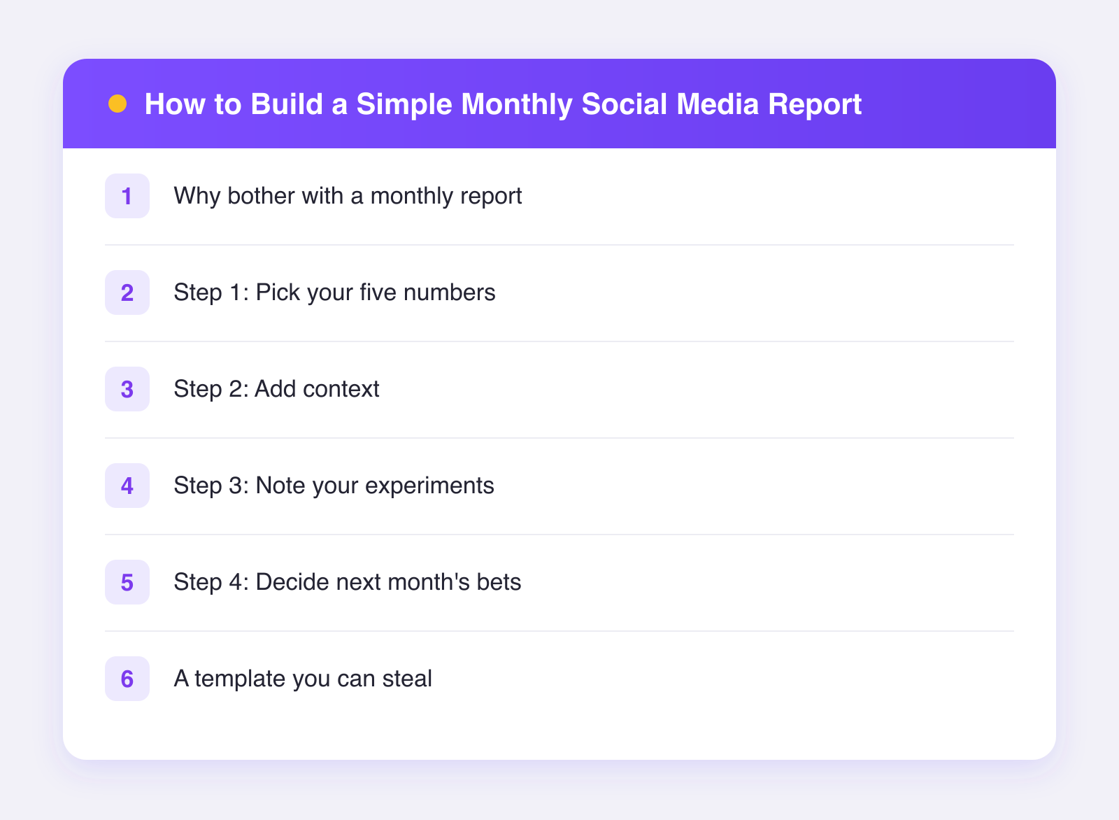 What this guide covers: why bother with a monthly report, step 1: pick your five numbers, step 2: add context and more