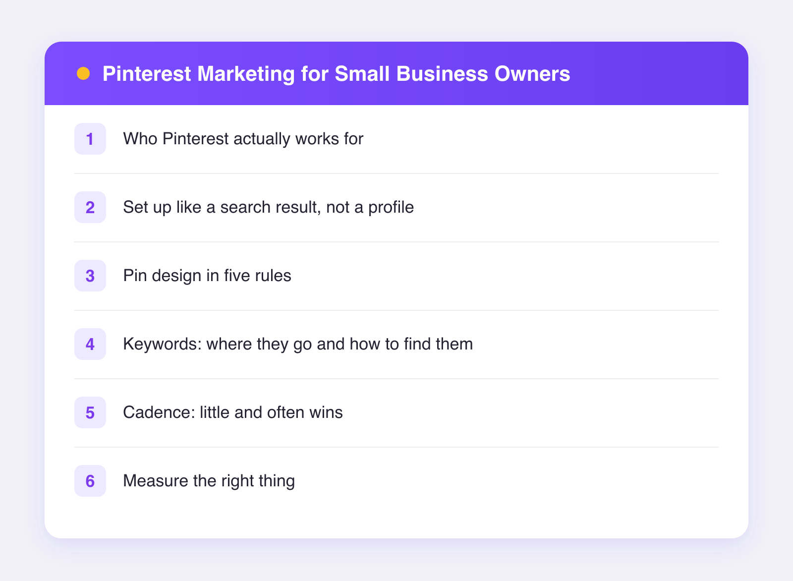 What this guide covers: who pinterest actually works for, set up like a search result, not a profile, pin design in five rules and more