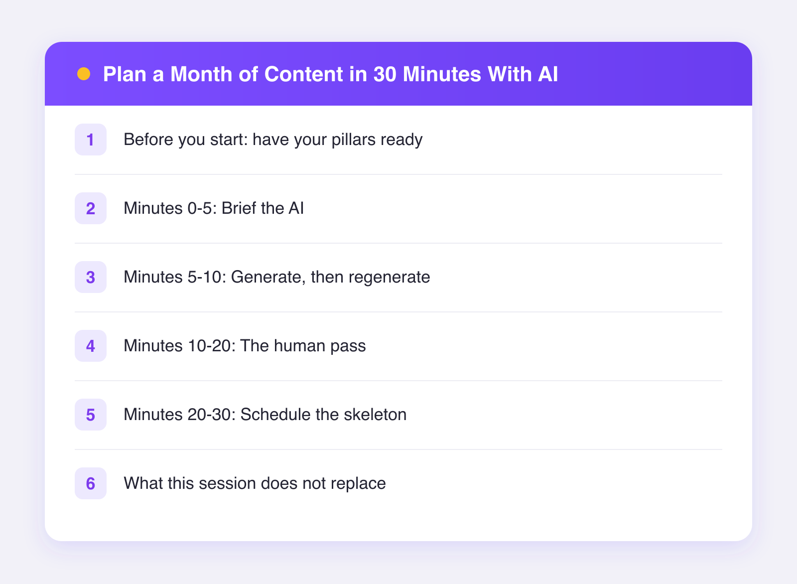 What this guide covers: before you start: have your pillars ready, minutes 0-5: brief the ai, minutes 5-10: generate, then regenerate and more