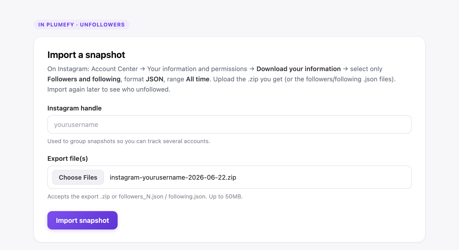 The Plumefy Unfollowers import screen with a handle field and a file upload for the Instagram export
