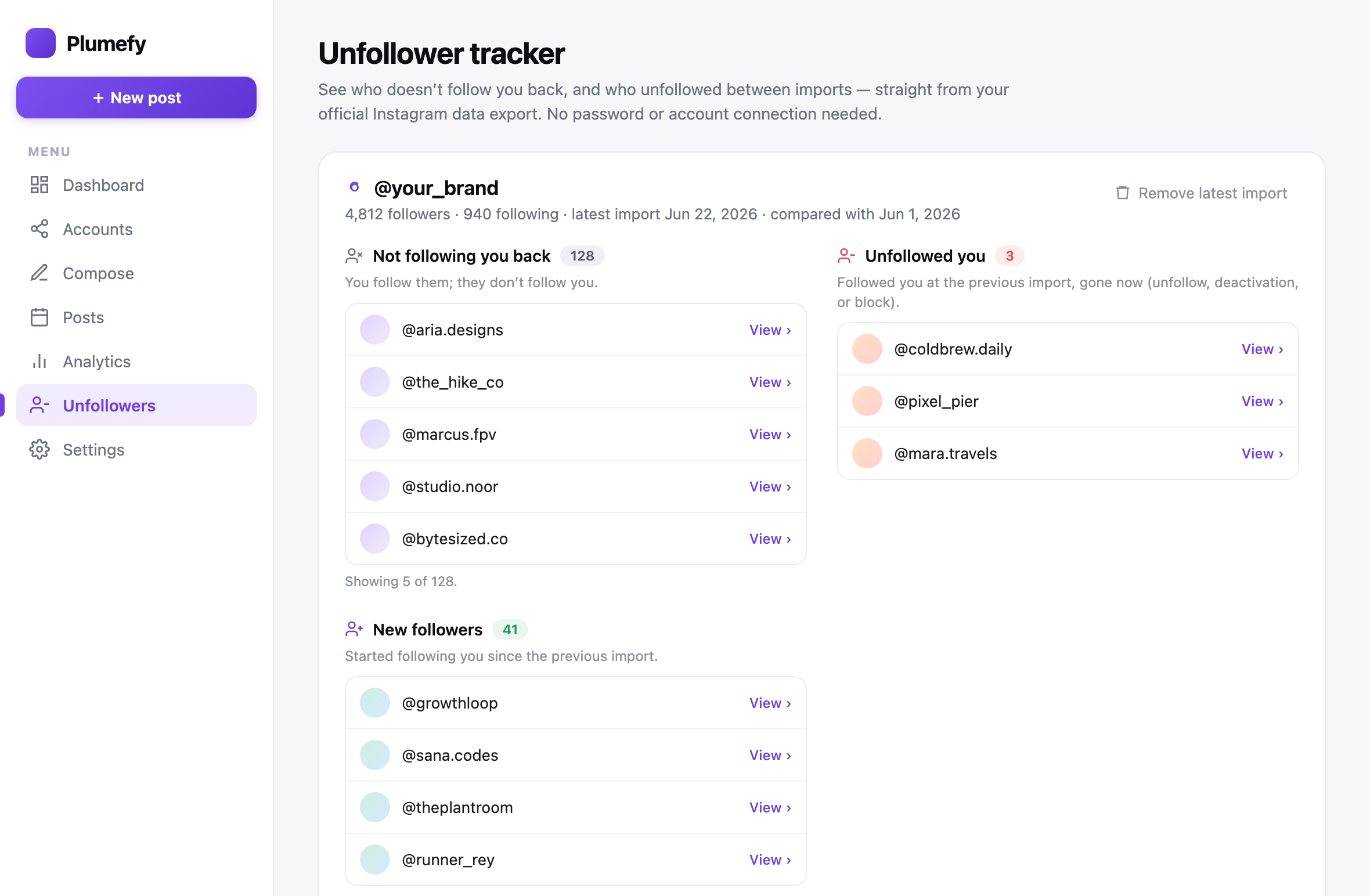 The Plumefy Unfollowers dashboard showing Not following back, Unfollowed you, and New followers lists with sample accounts